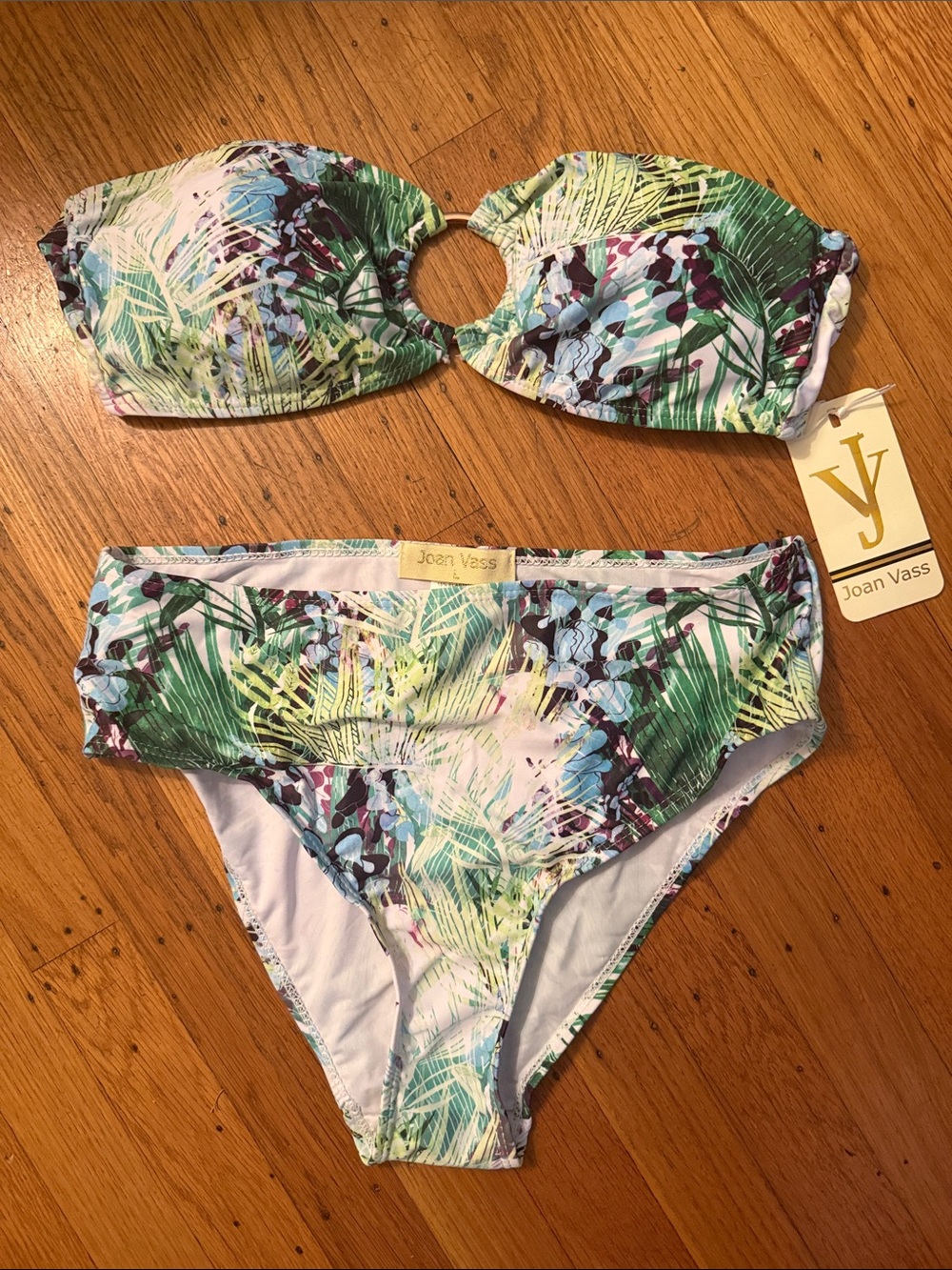 Joan Vass Green Blue White Tropical Bandeau Bikini Set